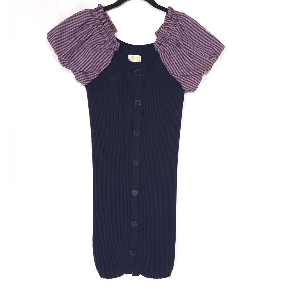 ANTHROPOLOGIE MAEVE Dress SMALL Knee Length Navy Button Front 100% Cotton